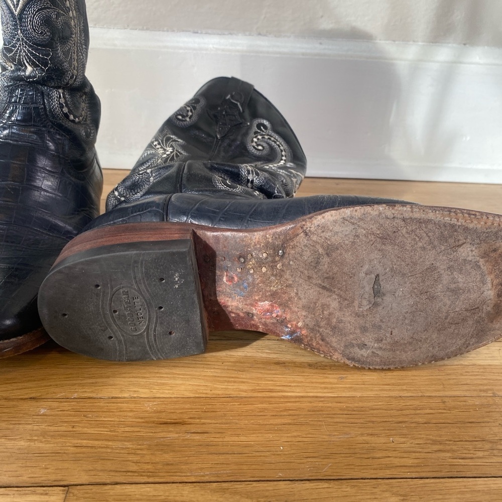 FERRINI Cowboy Boots Black Teju Lizard Skin with White Stitching Men Size 10.5 - Picture 6 of 9